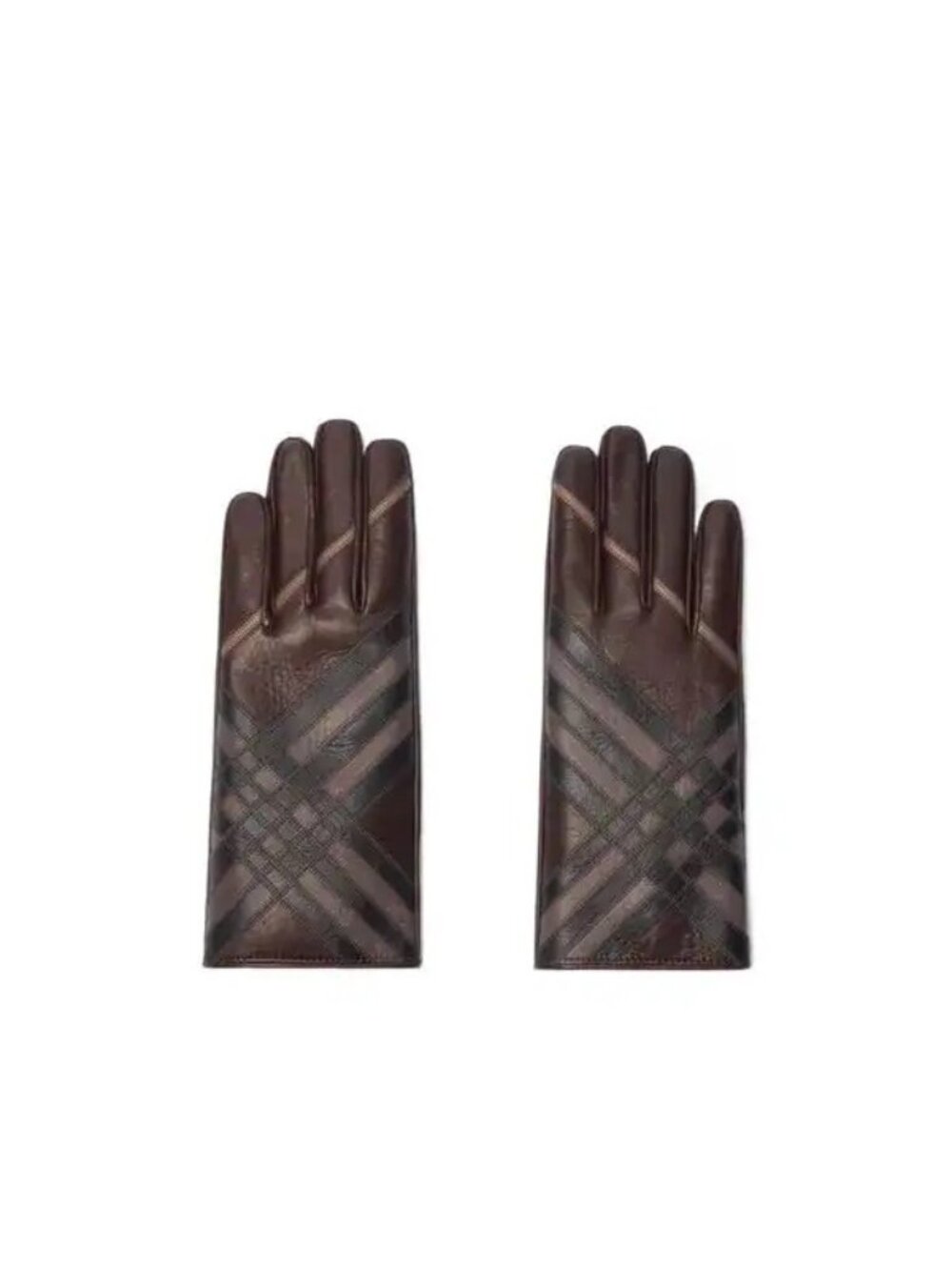 Burberry Check Intarsia Leather Gloves Truffle Brown Size 9 NWT